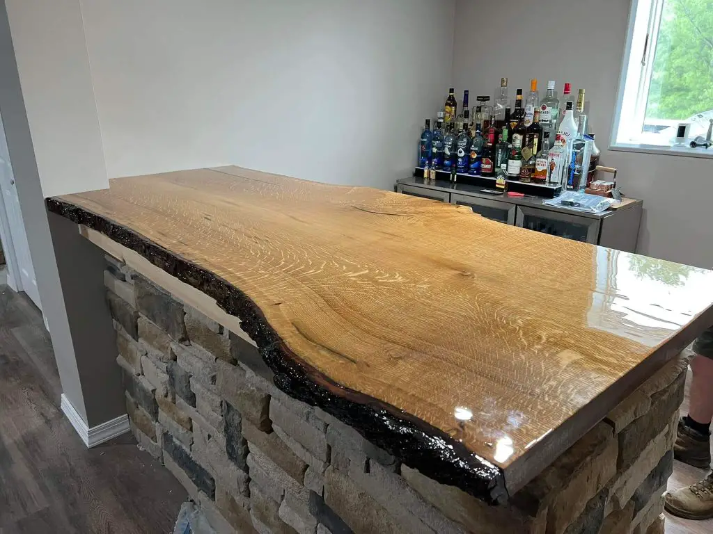 bar top made of live edge white oak wood