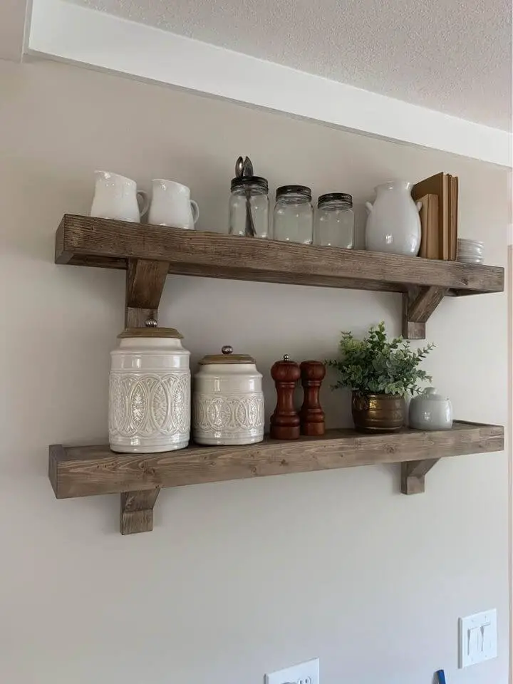 stained pine floating shelves