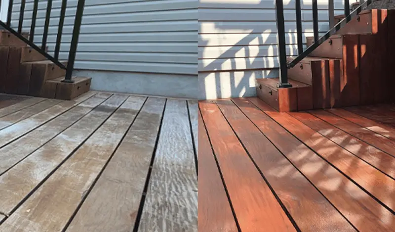 before and after staining old deck