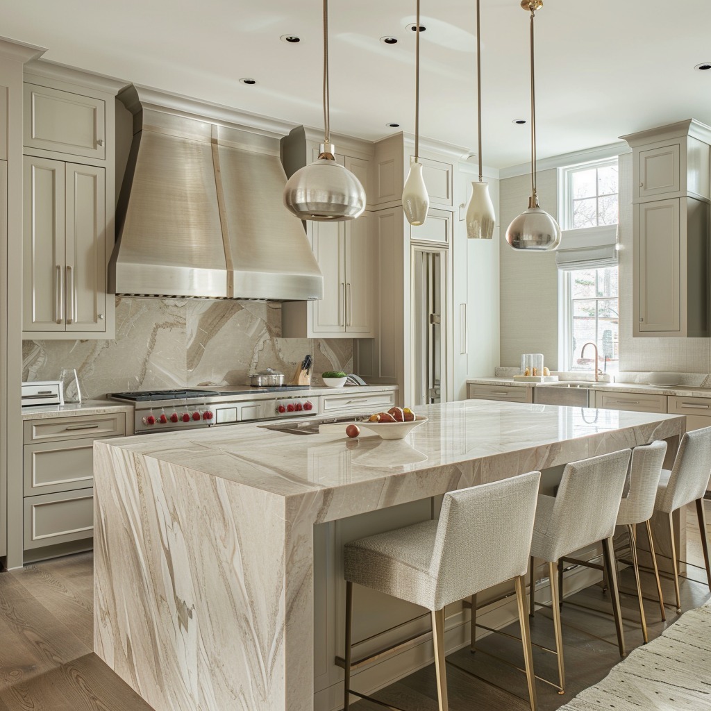 Luxe Marble and Metallic Accents on white cabinets