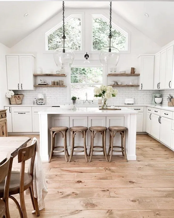 dark walnut vinyl plank farmhouse kids bedroom with white shiplap walls and wood trunk