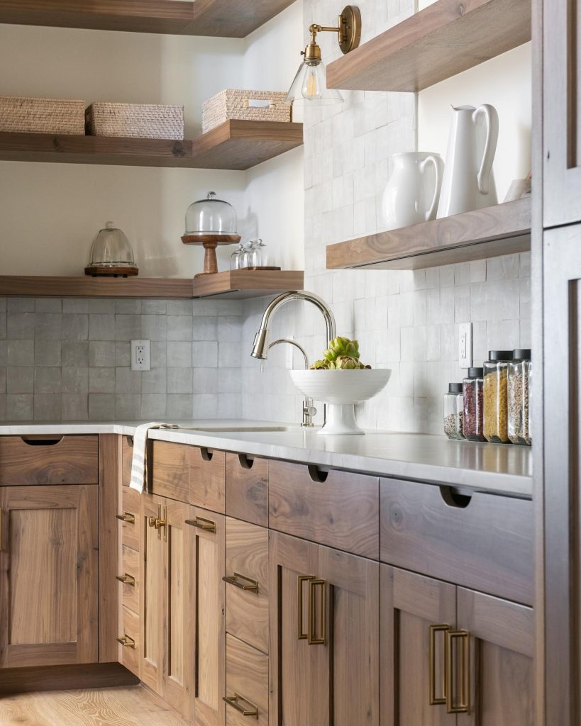 Hickory Kitchen Cabinet and floating shelves