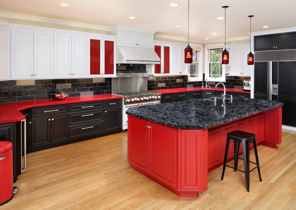 Red Cabinets and Black Backsplash kitchen idea