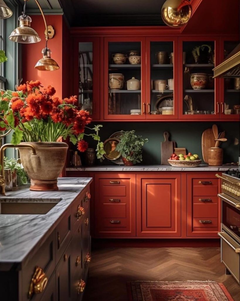 crimson red kitchen cabinets