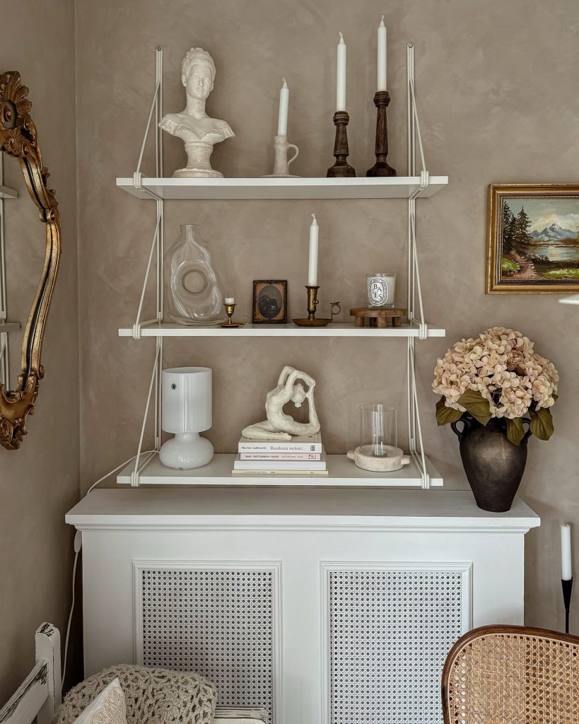 metal plus wood living room shelves